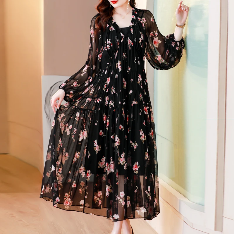 

ZUO MAN RU 2023 Women's Dress Spring/Summer New French Ladies Loose Size Printed Large Swing Dress Silk Slim Knee Length Gown