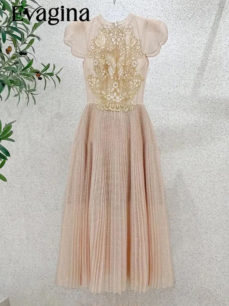 

Evagina Summer And Autumn Embroidery Round Neck Short Sleeve Waist Retraction Fold Women's Dress