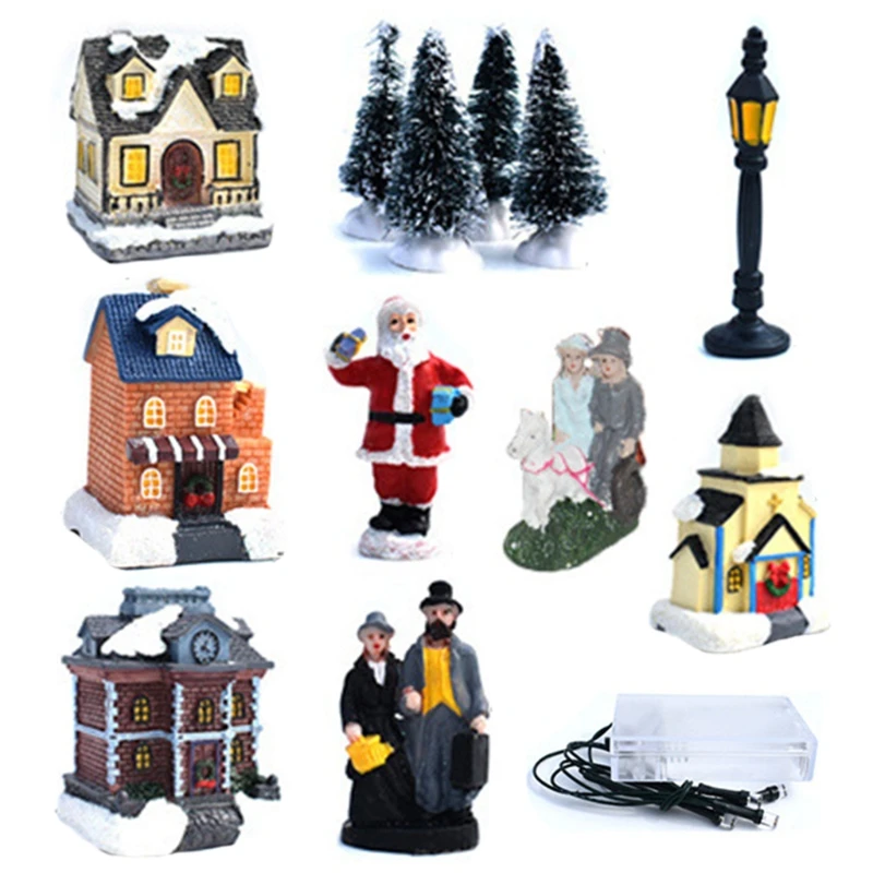 

10PCS Christmas Village Sets Resin Christmas Ornament with LED Light Christmas