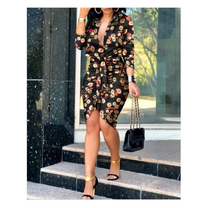

Women's Spring And Summer Fashion V-neck Tie Up Solid Color Long Sleeved Medium Length Printed Dress Irregular