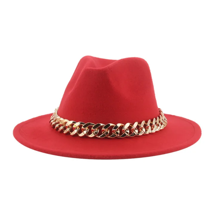 fedora cap Fedora Hats for Women Men Wide Brim Thick Gold Chain Band Felted Hat Jazz Cap Winter Autumn Panama Red Luxury Hat Chapeau Femme cheap fedora hats Fedoras