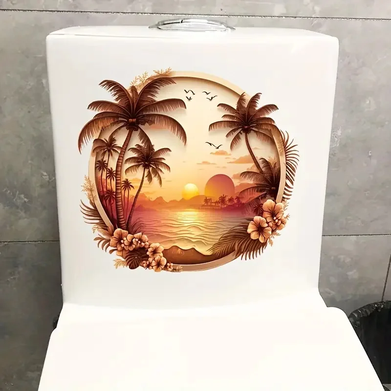 Tropical Sunset Beach Scene PVC Toilet Lid Decal-Self-Adhesive Waterproof Bathroom Decoration Sticker