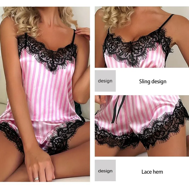 Two Piece Women's V-Neck Sexy Lace Suspender Pajama Shorts Set Casual Women's Sleeveless Sexy Pajama Set 4