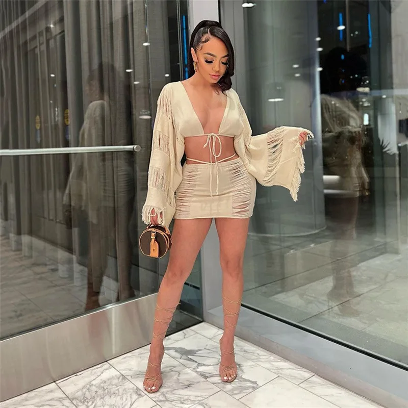 

Summer Tassel Hollow Out Two Piece Set Women 2023 Sexy V Neck Lace Up Crop Top + Mini Skirts Skinny Club Beach Outfits Short Set