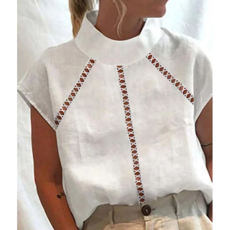 

Vintage Tops Mujer Women Blouse Solid Cotton Linen Summer Stand Neck Chic Tunic Hallow Out Oversized White Blouses Blusas
