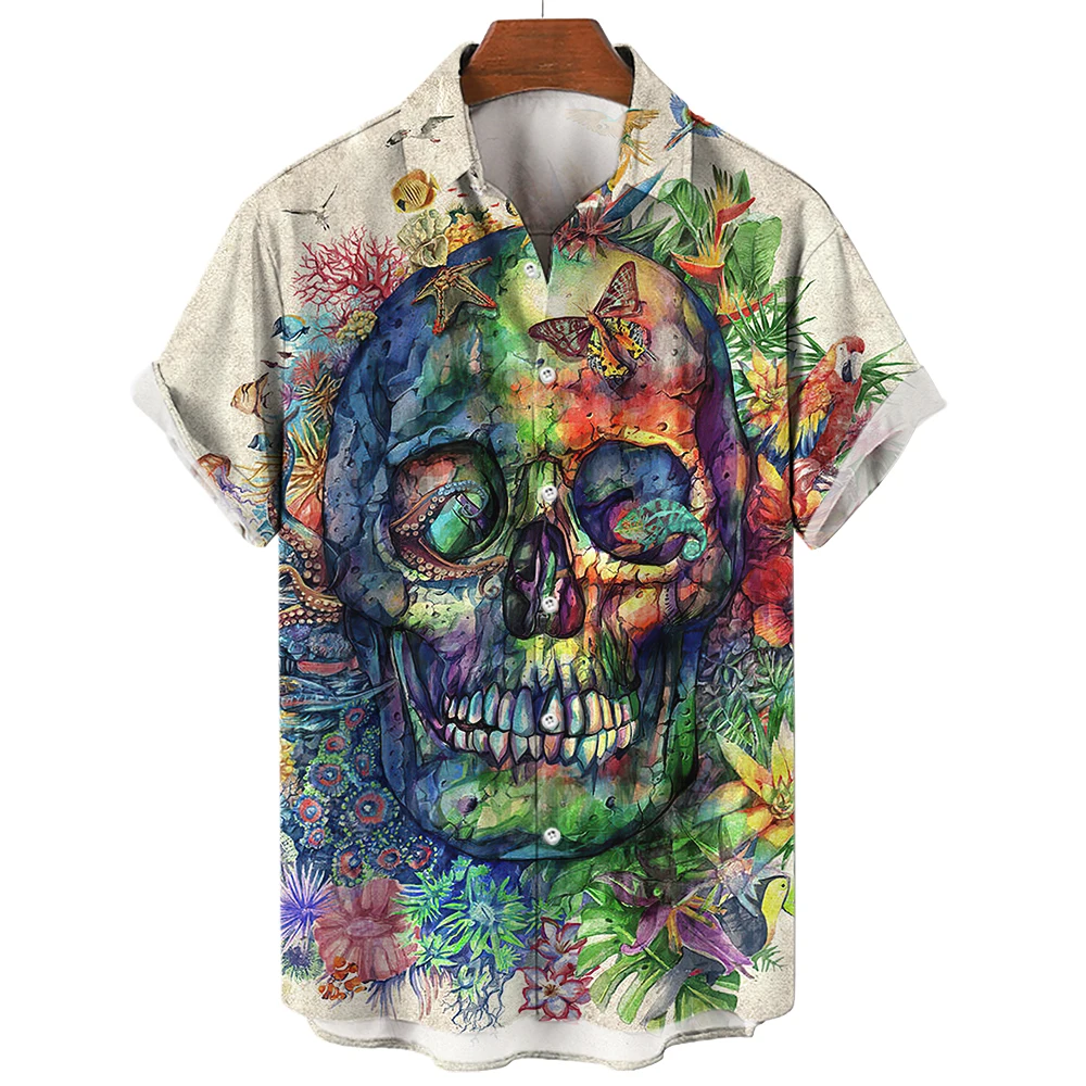 

New Skull Shirt For Men Streetwear Harajuku Men's Clothes Tops Gothic Short Sleeve T-shirt Vintage Fashion Button Men's Shirt