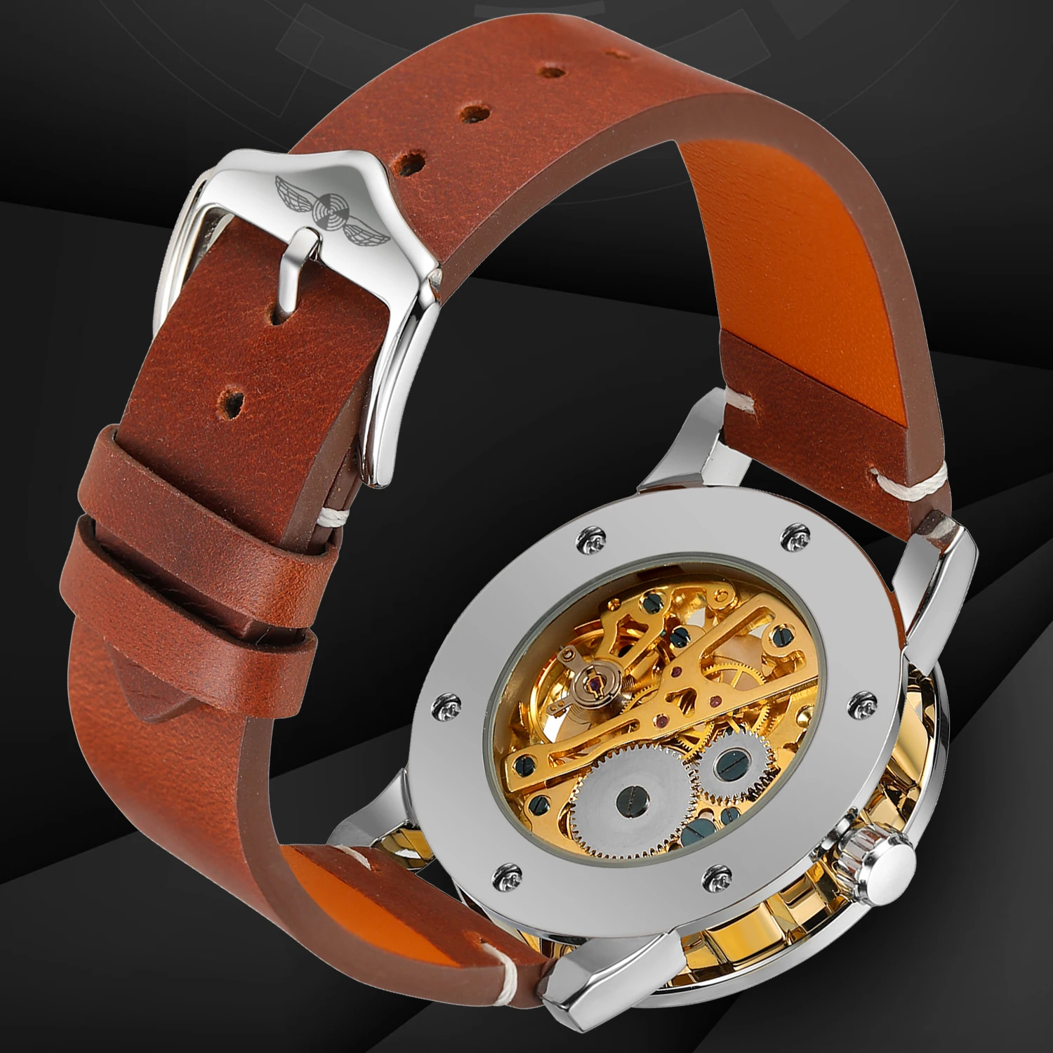 T-WINNER Classic Men's Manual Winding Mechanical Watch with Luminous Hands Luxury Gold-Tone Skeleton Case Retro Leather Strap mechanical watch
