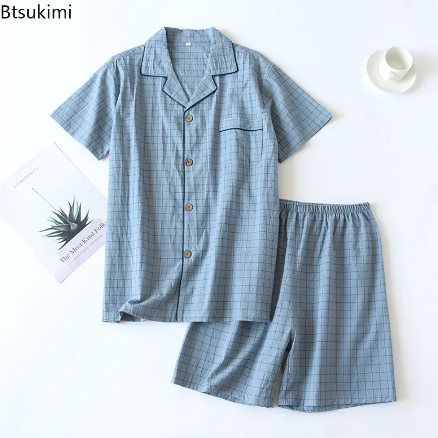Men's Summer Pajamas Pajama Sets Thin Short-sleeved Shorts Soft Cotton Simple Japanese Plaid Home Service Suit Pantalon Pijama Hombre