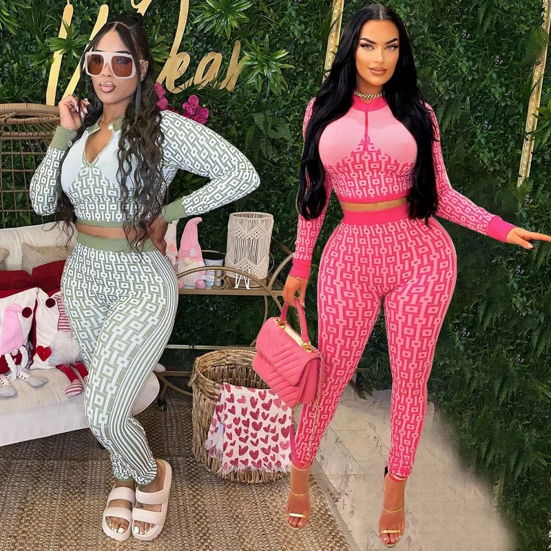 Casual Position Printed Two Piece Set Women Outfits 2023 Autumn Long Sleeve Half Zipper Crop Top Slim Pants Casual Tracksuit
