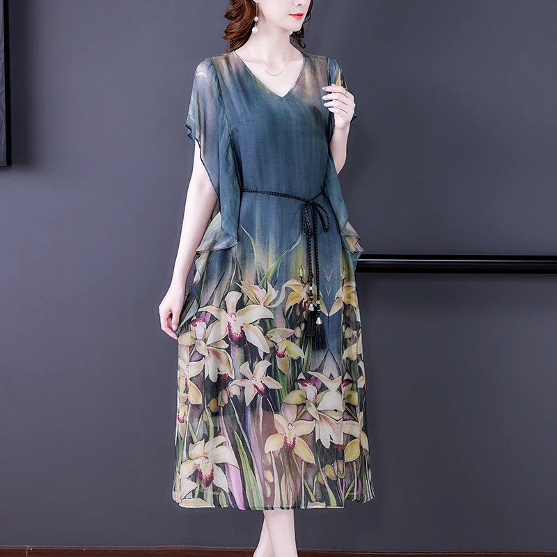 

2023 New Elegant Versatile Silk Printed Dress Women's Spring Fashion Short Sleeve V-Neck Loose Fit Casual Holiday Vesidos