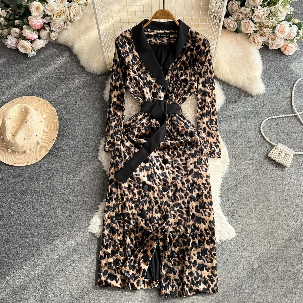 chinese dress ladies Leopard Print Stretch Elastic Mesh Long Sleeve Dress