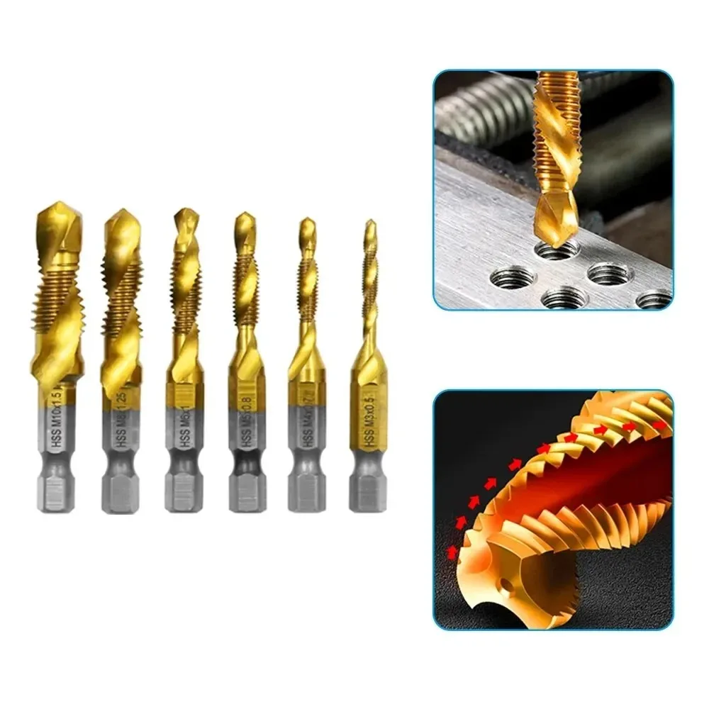 Multi Functional HSS Drilling Tapping Integrated Spiral Tap Hand-held Electric Drill Tap Tool Chamfer Machine Composite 6pcs