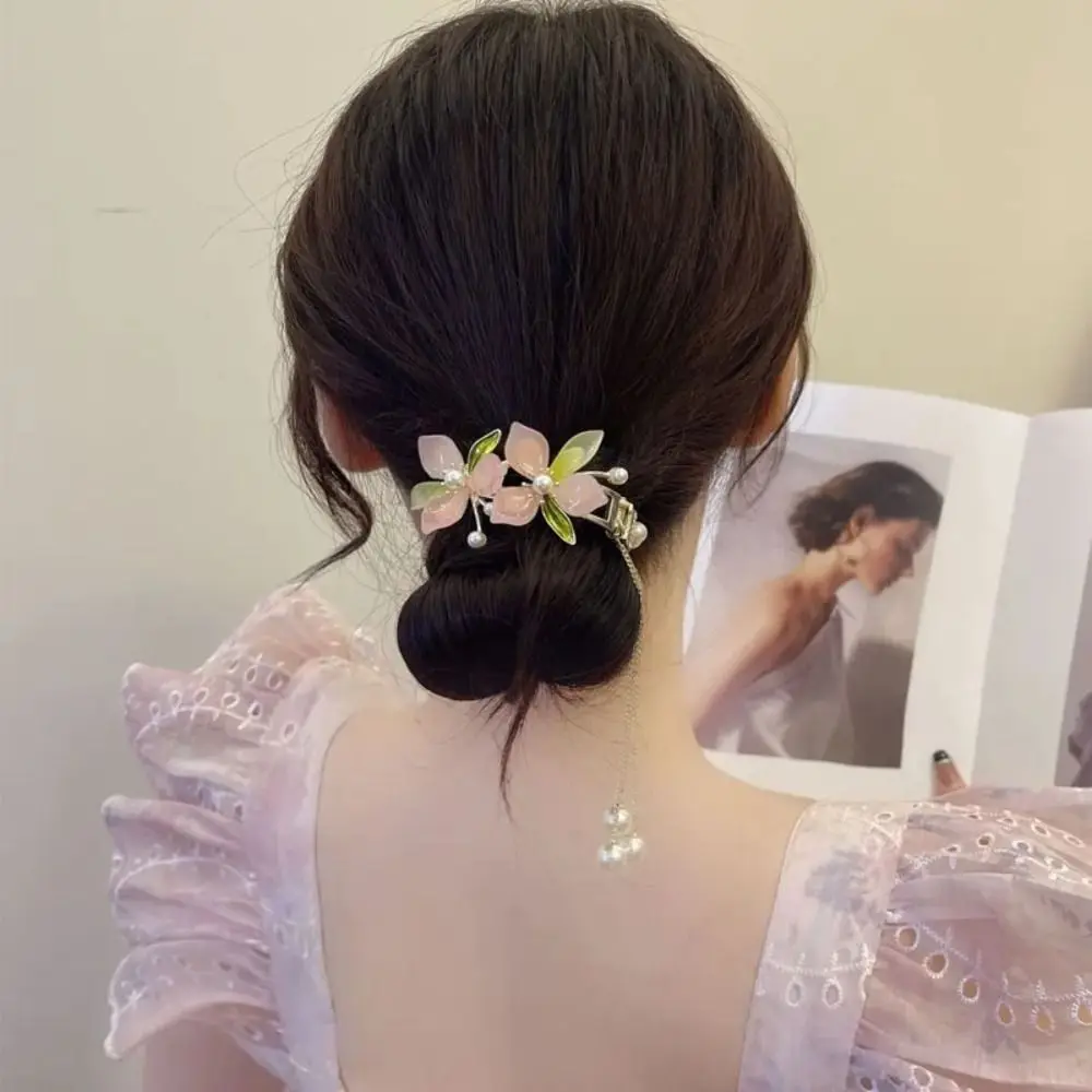 

Pearl Flower Ponytail Holder Sweet Claw Clip Antique Flower Horsetail Buckle Tassel Hanfu Headwear Hair Clips