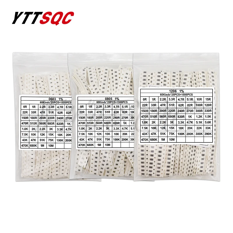 

Комплект резисторов 0603 0805 1206 SMD, набор в ассортименте, 1 ом-10 МОМ, 1% 60 ценностей, 25 шт. = 1500 шт., пакет для образцов