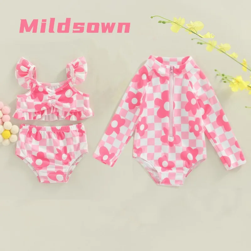 

Baby Girls Romper Bikini Swimsuit Infant Floral Print Plaid Long Sleeve Rash Guard Bathing Suits Zipper Front Swimwear Beachwear
