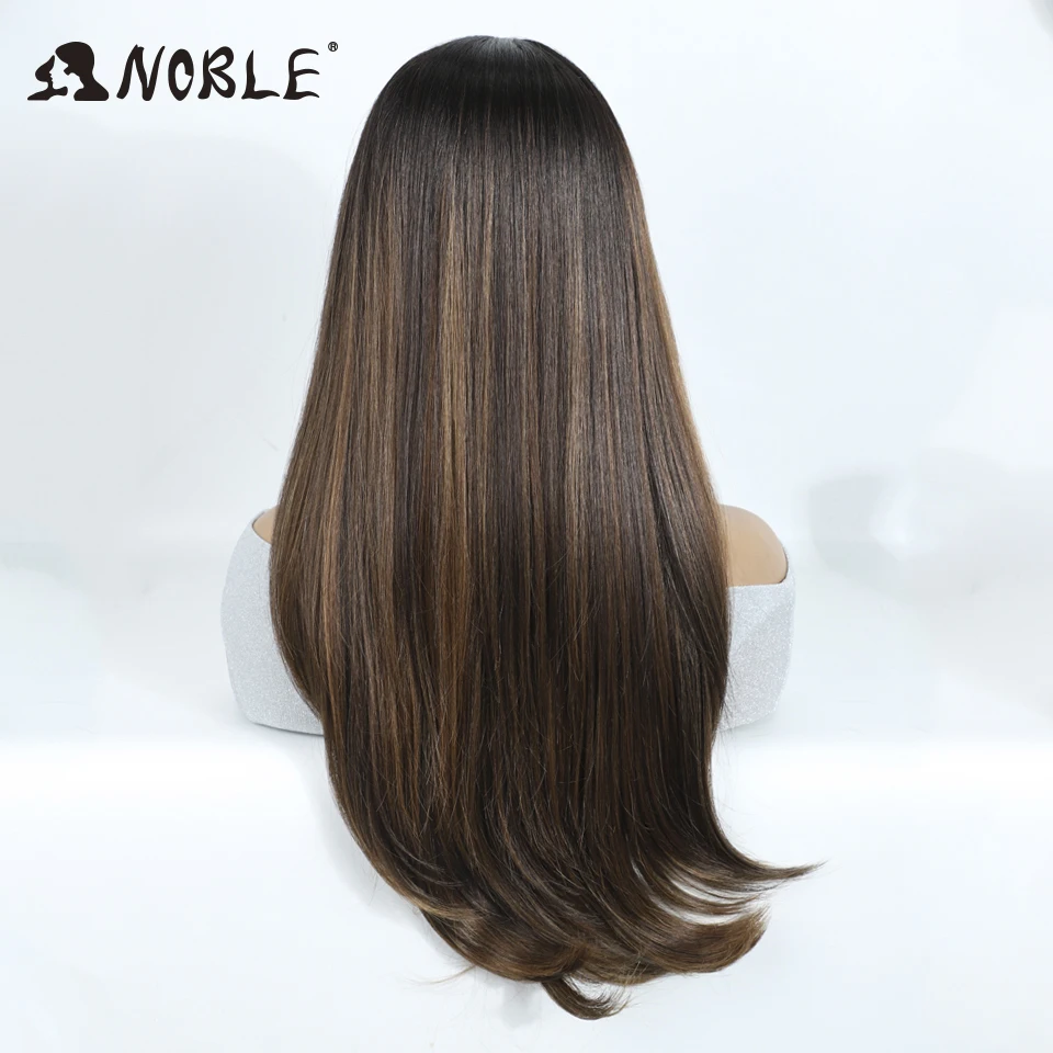 Noble Synthetic Lace Front Wig 24 Inch Straight Lace Wig Ombre Brown 6x4 Pre Plucked Pre Cut Wear and Go Glueless Wigs For Woman