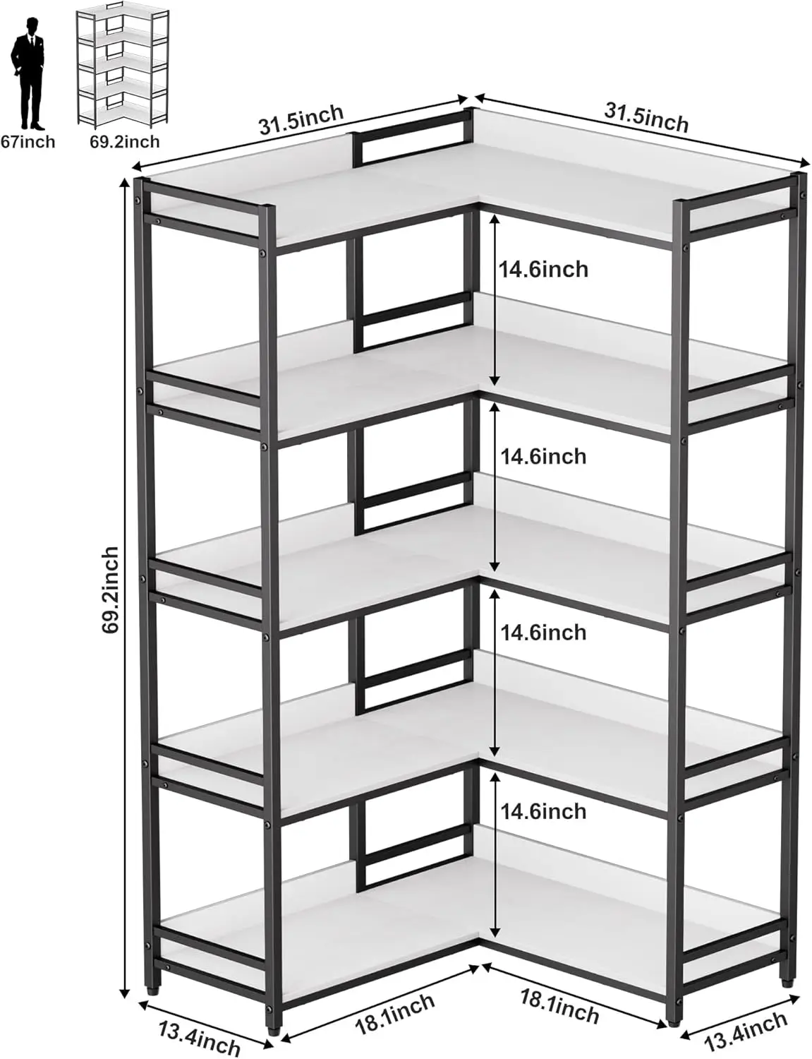 Large 5-Tier Corner Bookshelf - Modern Tall Corner Shelf Storage Display Rack with Sturdy Metal Frame - Perfect for Livin 3