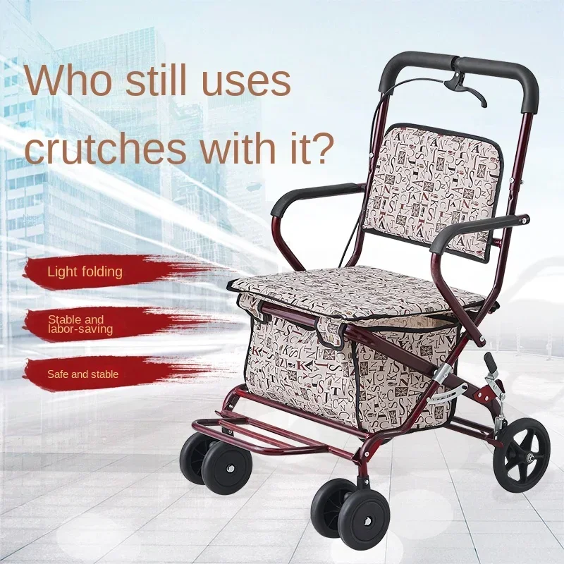 Lightweight Elderly Stroller – Foldable Shopping Cart Four-Wheeled Grocery Cart Can Sit and Push, Handy Mobile Chair for Seniors 2