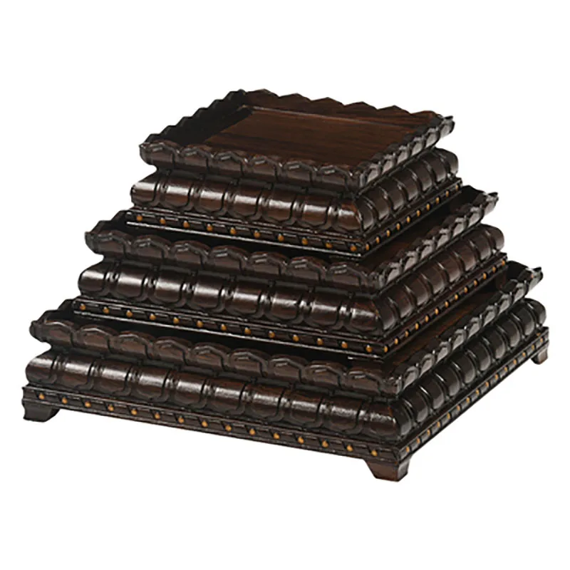 Redwood Carved Avalokitesvara Buddha Statue, Lotus Flower Square Base, Black Sandalwood, Rectangular Solid Wood Base