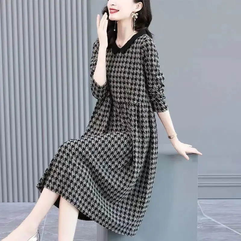 

Autumn Fashion Long-Sleeved Dress Female Elegant Women Dresses 2024 New Korean Style Loose Houndstooth Bottoming Dress Vestidos