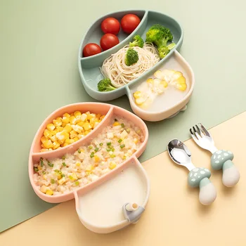 아기 버섯 빨판 실리콘 식사 접시, 귀여운 만화 어린이 요리, 흡입 유아 훈련 식기, 어린이 수유 그릇