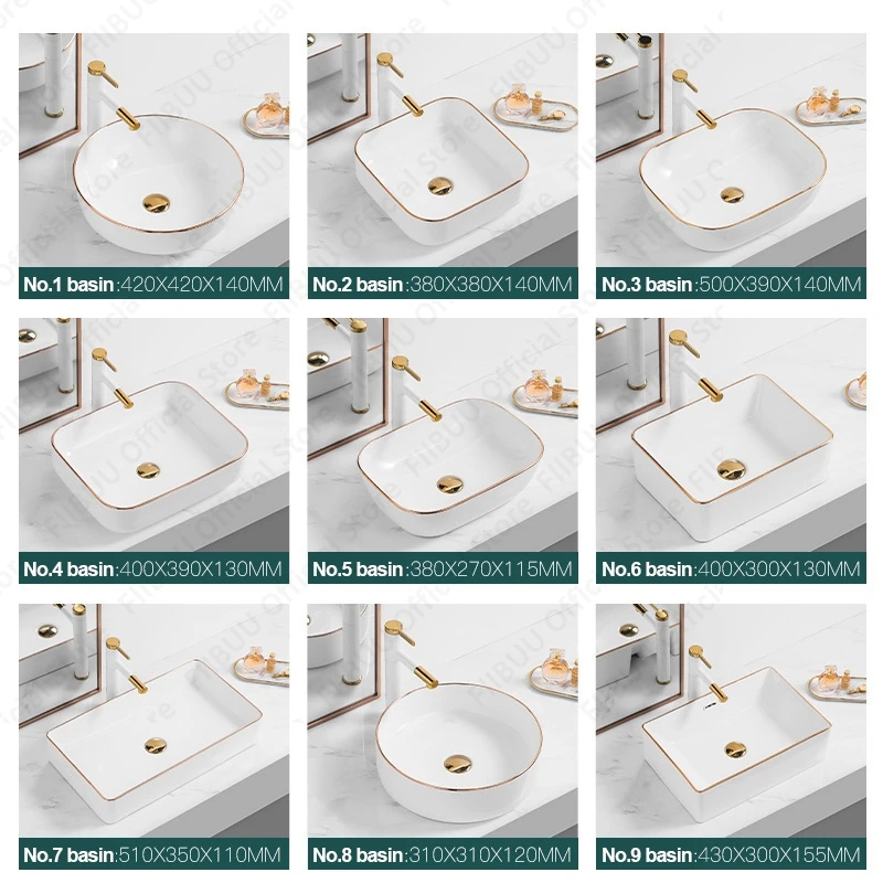 White Ceramic Table Sink With Golden Edge Countertop Vanity Sink Bathroom Lavatory Balcony Vessel Sink Above Counter Wash Basin 6