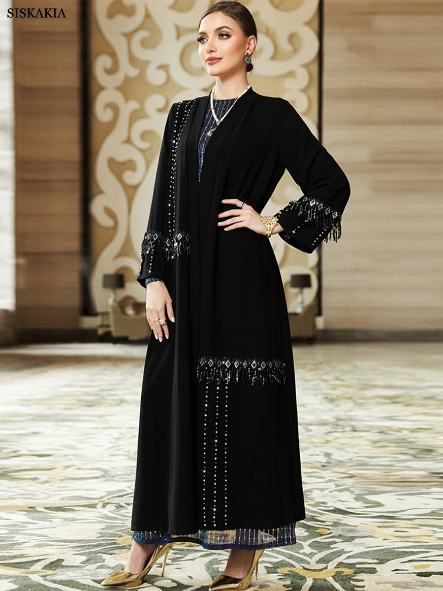 

Siskakia Dubai Fashion Diamonds Casual Black Open Kimono Abaya Borka For Women Bangladesh Kaftan Muslim Ramadan Eid Clothing