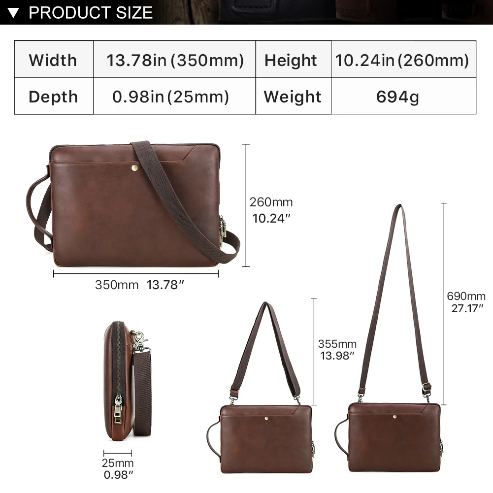 Capa Portátil de Couro Genuíno para Homens Bolsa Tiracolo Vintage Bolsa com Alça de Ombro Destacável Macbook Pro 14 Air 13 - Imagem 5