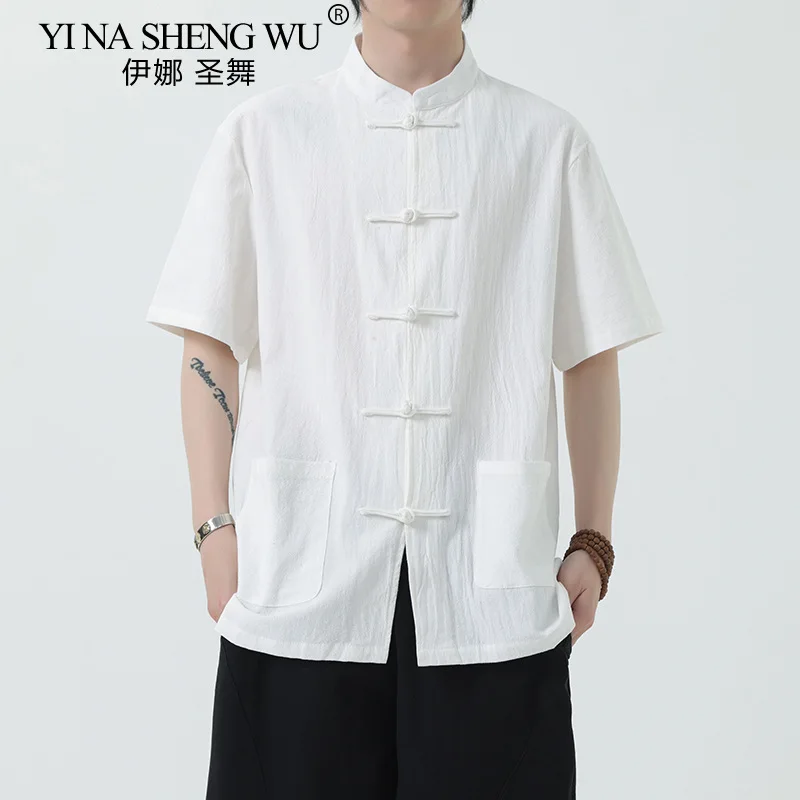 Summer Chinese Style Men's New Chinese Style Cotton and Linen Shirt Tang Suit Short-sleeved Retro Stand-up Collar Buttoned Shirt