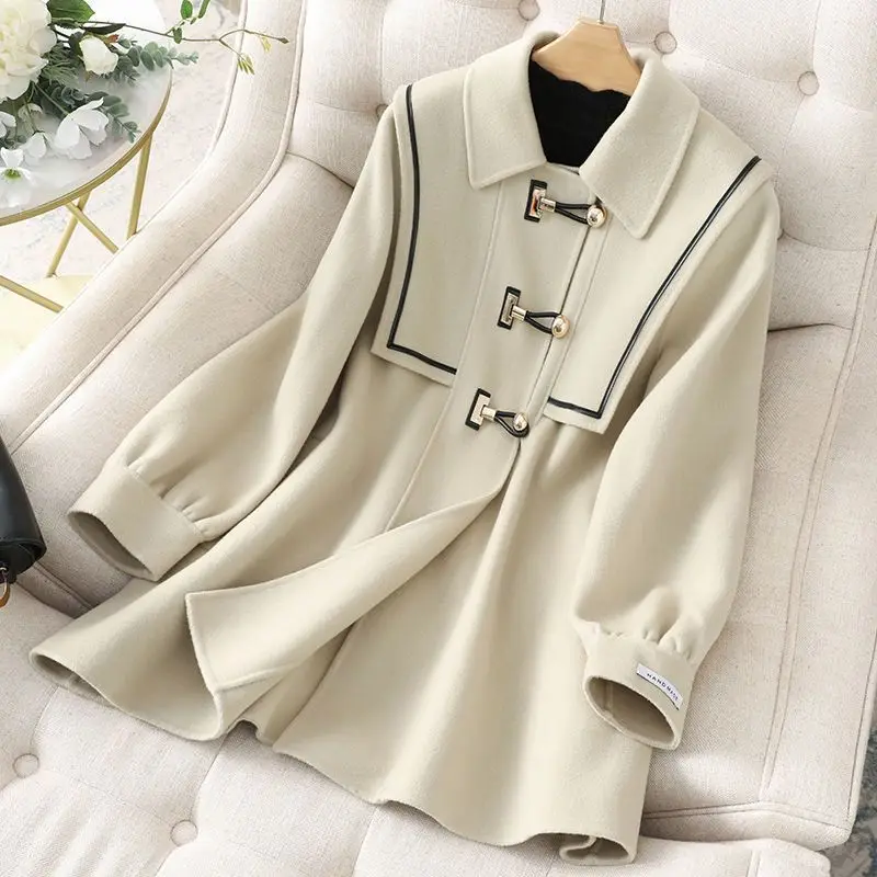 

Women Wool Blends Coats Fashion Patchwork Designed Puff Sleeve Elegant Lady Cashmere Clothes M-4XL Mujer French Style Harajuku