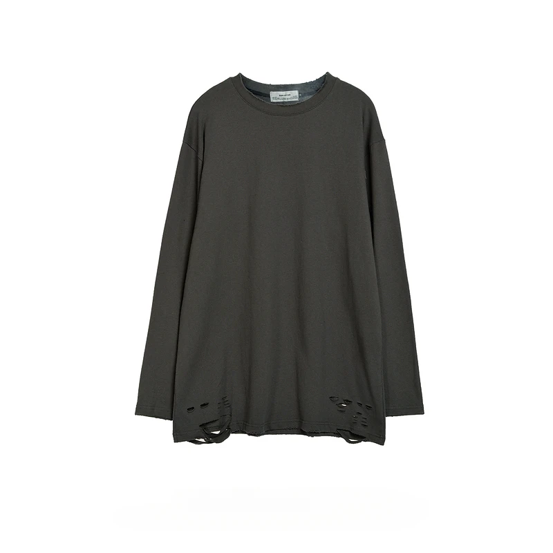 

Рубашка мужская с дырками, модная уличная сорочка из чистого хлопка, свободная Универсальная футболка с круглым вырезом и длинными рукавами, в стиле хип-хоп, однотонная