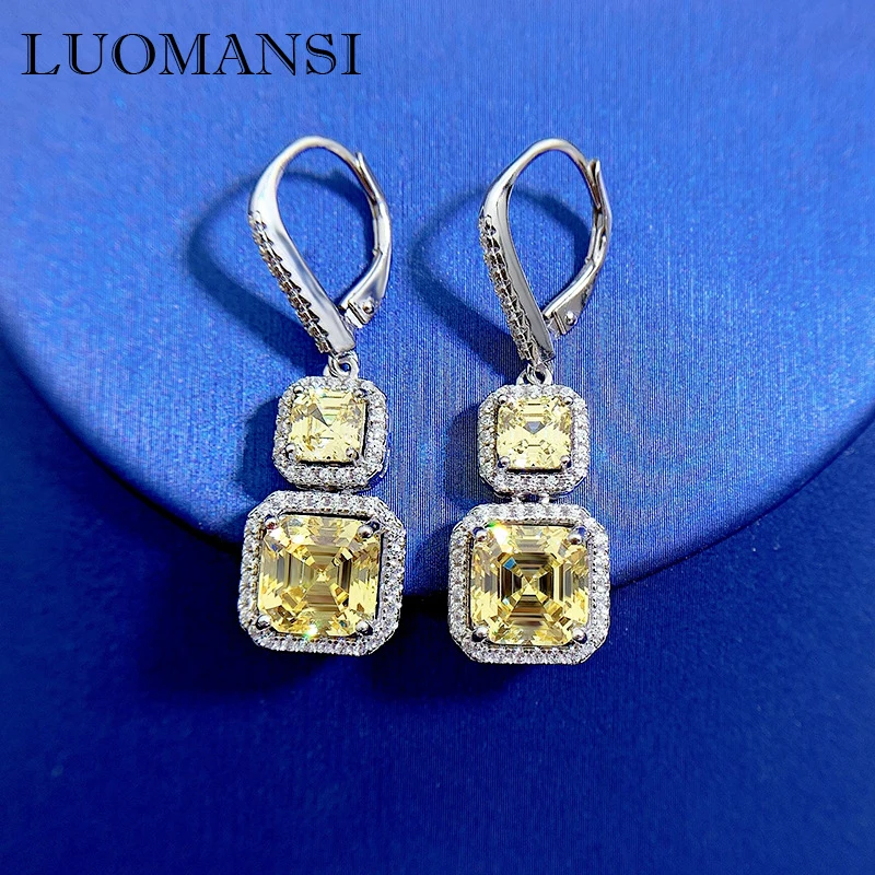 Luomansi 8*8MM Pagoda Yellow High Carbon Diamond Earrings 100%-S925 Silver  Jewelry Wedding Party Commemorative Birthday Gift
