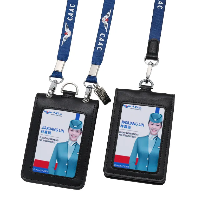 Aviation Flight Attendant Neck Lanyard Badge Holder Genuine Leather Staff Work Business Air Hostess Name Tag Id Cards Badg wallet card holder card holder credit card holder id card holder business card holder