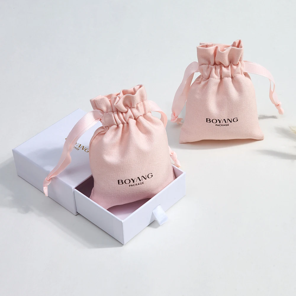 핑크색 면 가방, 이름이 새겨진 보석 가방 (8x10cm, 9x12cm), 끈 조절식 선물 포장용 캔버스 면 보석 주머니