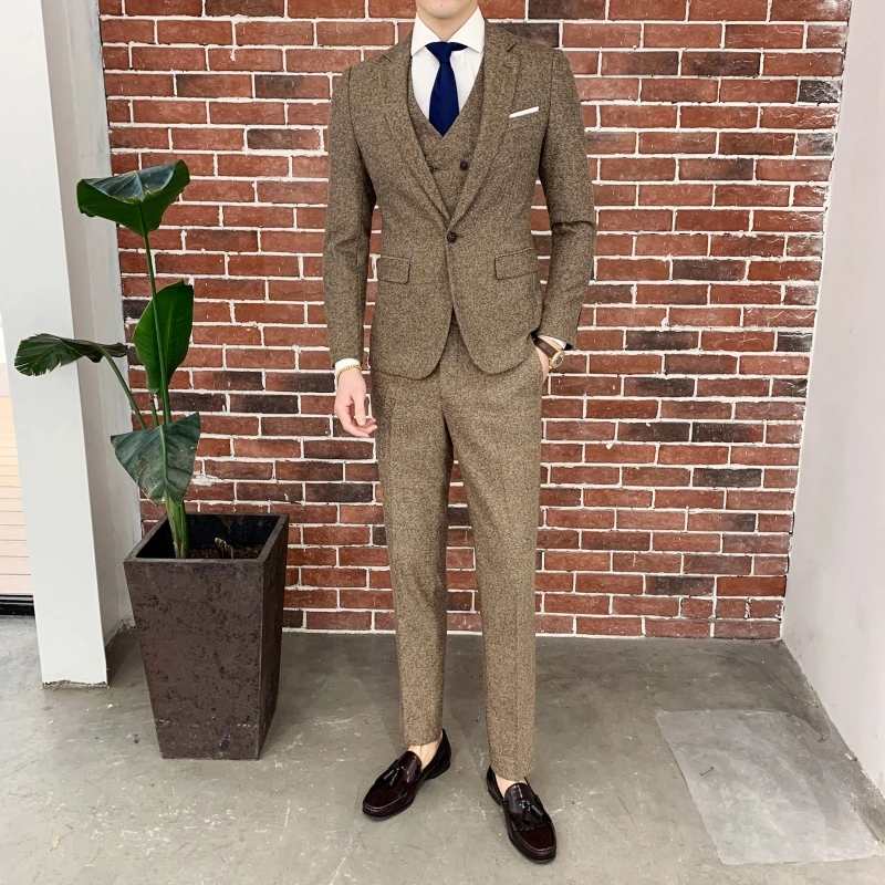 Men Slim Fashion Banquet Groom Single Button Suit Vest Trousers Business Handsome Leisure Three-piece Set
