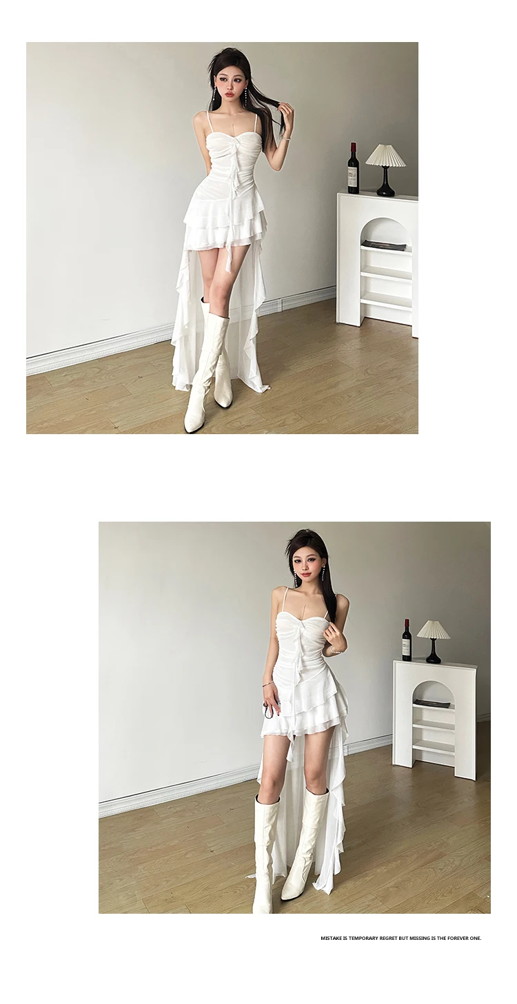 Y2K Irregular Ruffles Spaghetti Strap Summer New Midi Dresses for Women Birthday Party Dress Club Prom Robe Sexy Vestidos Mujer