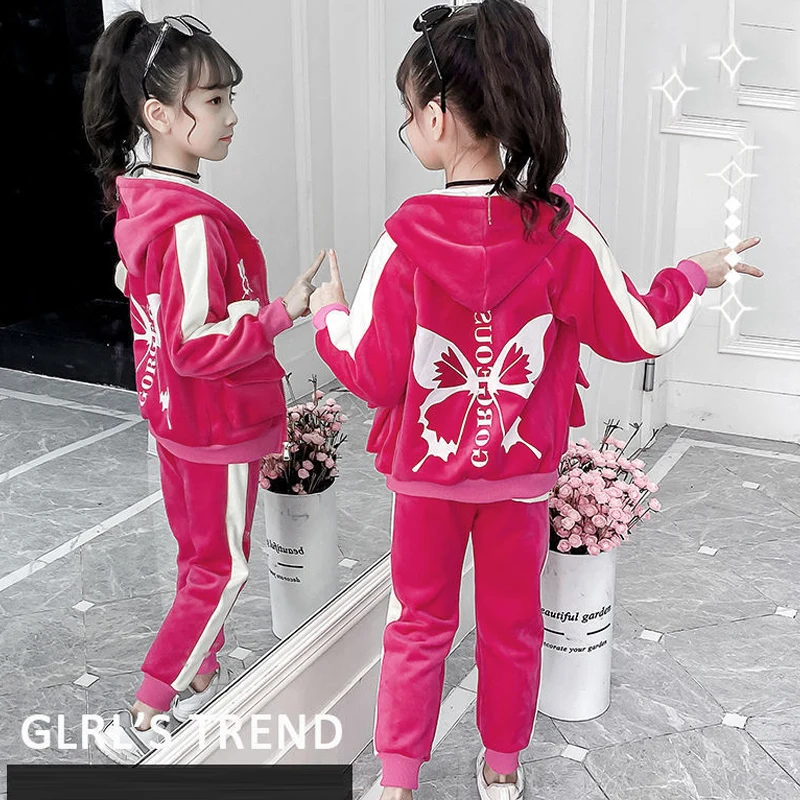 

Girls Children Spring Fall Winter New 2023 Warm Girls Clothing Set 2 Pcs Little Kids Butterfly Clothes Velour Tops + Pants Suit