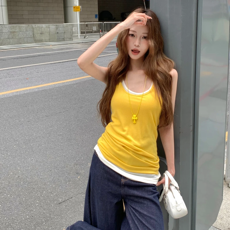 

Summer New Off Shoulder Solid Color Slim Tanks Thin Sleeveless All-match Youth Casual T Shirt Tops Fashion Sweet Women Clothing