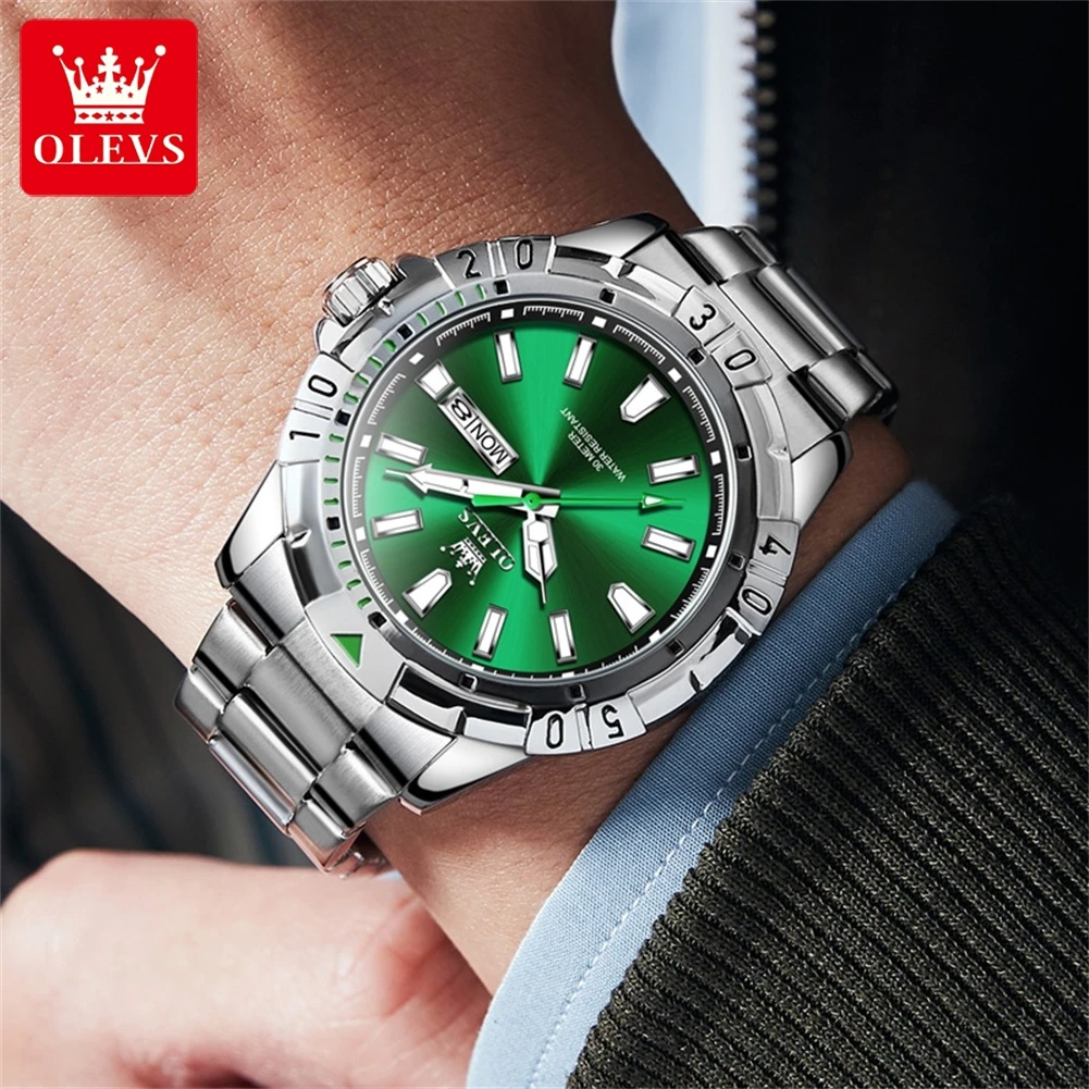 OLEVS Mens Watches Top Brand Luxury Stainless Steel Fashion Green  Quartz Watch for Men Waterproof Luminous Wristwatches Male
