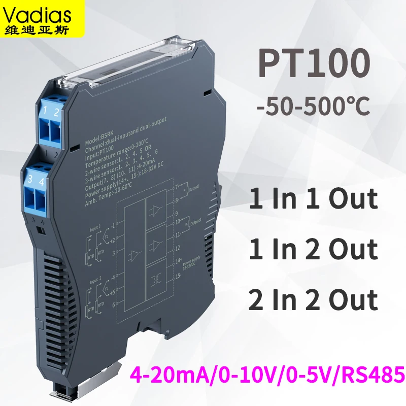 PT100 เครื่องส่งสัญญาณอุณหภูมิ 4-20mA 0-10V RS485 1 In 1 Out PT100 อุณหภูมิ Sensor0-100 ℃   0-200 ℃   -50-200 ℃   การแปลงสัญญาณ PT100 1