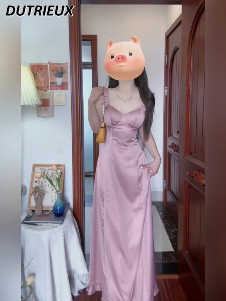 

Oversize French Style Pure Desire Fashion Sexy Sling Long Dress High Sense Waisted Pink Slimming Vacation Maxi Dresses