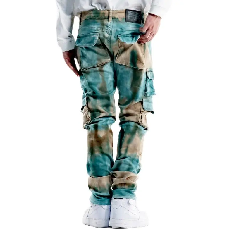 

Vintage Men's Street Hip-hop Jeans High Waist Tie-dye Mixed Color Distressed Pants
