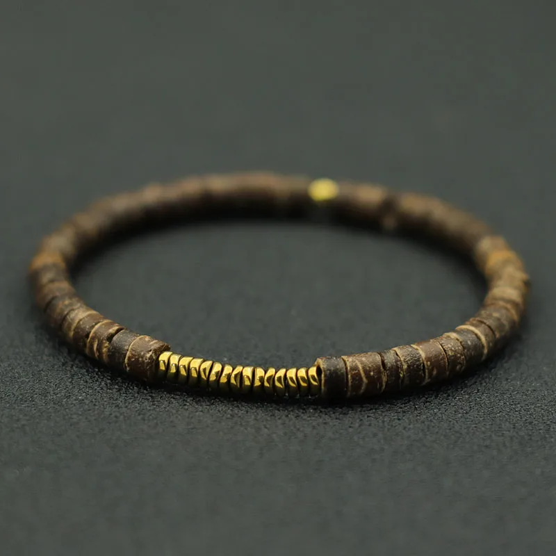 Men Natural Coconut Husk Wooden Bracelet Gold Color Hematite