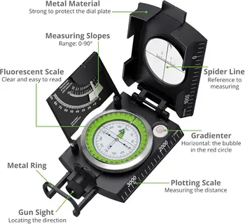 Proster Waterproof Compass Hiking with Fluorescent Scale - Compass Navigation with Clinometer & Carry Bag Military Compasses 6