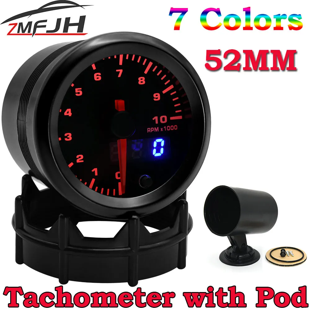 AD 7 Color LED Tacometro RPM Meter 2'' 52mm Car Tachometer Gauge 0