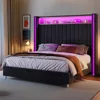Jocisland King Size Bed Frame with LED Lights and Charging Station, Velvet Upholstered Platform Bed with 53 1