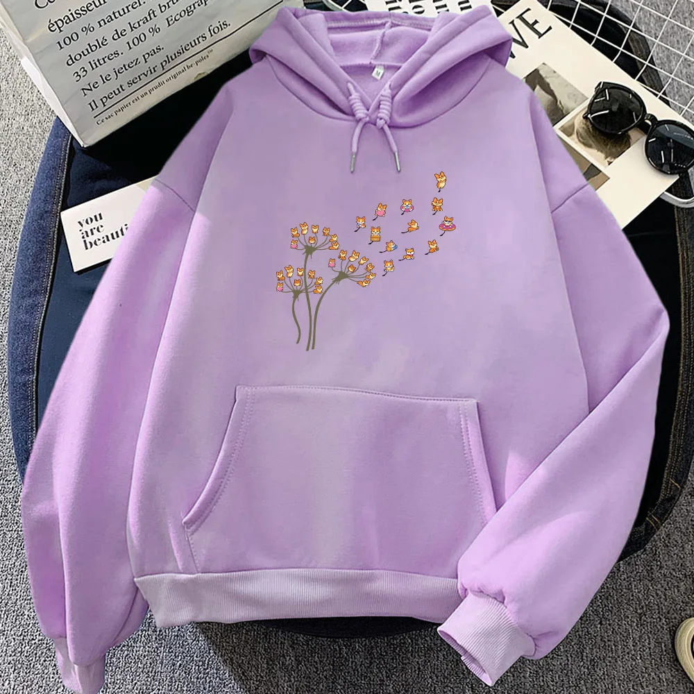 Cute Corgi Flower Hoodies Kawaii Cartoon Graphic Print Sweatshirts Casual Long Sleeve Women Cute Sudaderas Moletom Feminino Tops
