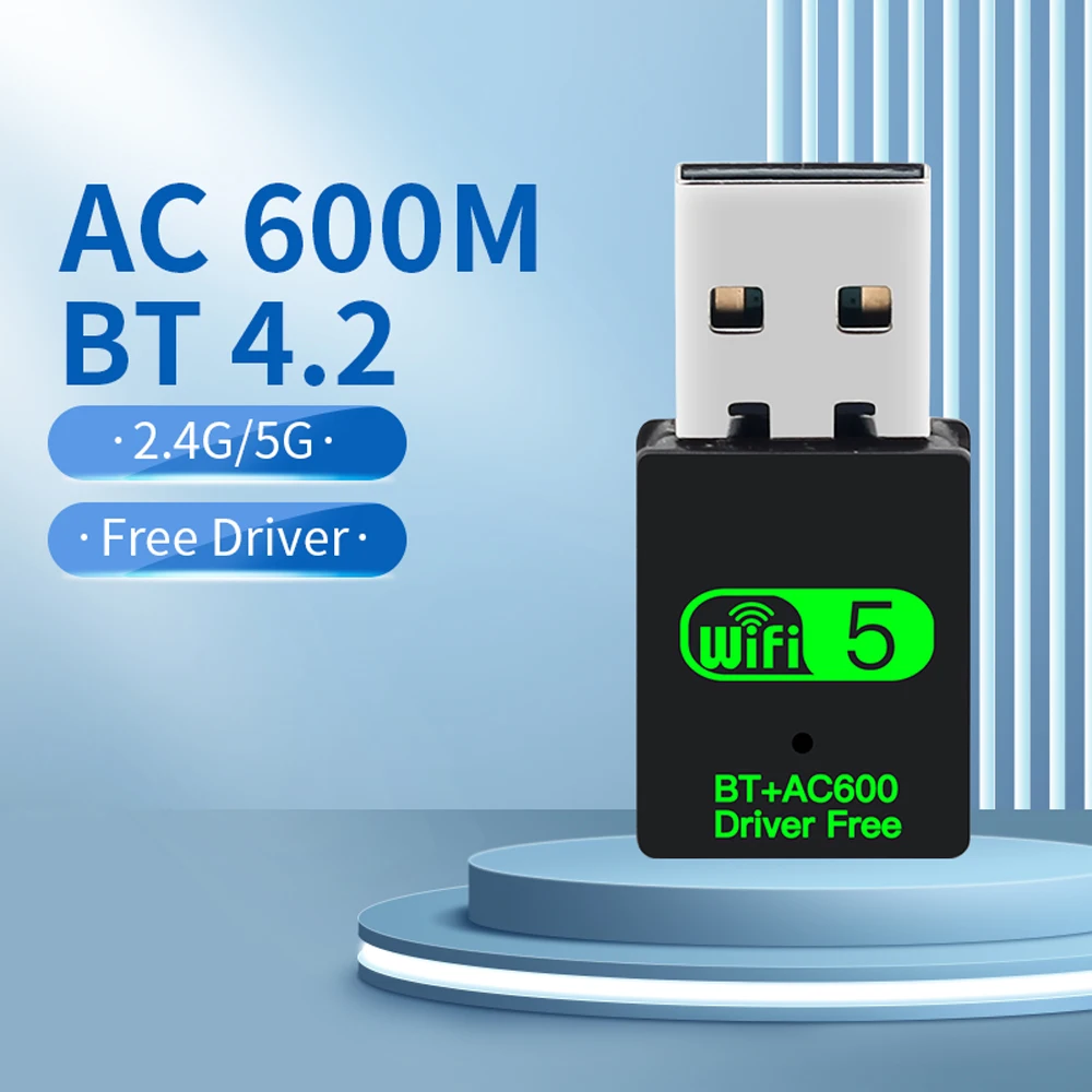 미니 무선 네트워크 카드 와이파이 블루투스 어댑터, PC용 무료 리시버 드라이버, 2in 1 USB, 600Mbps, BT4.2, 2.4Ghz, 5Ghz