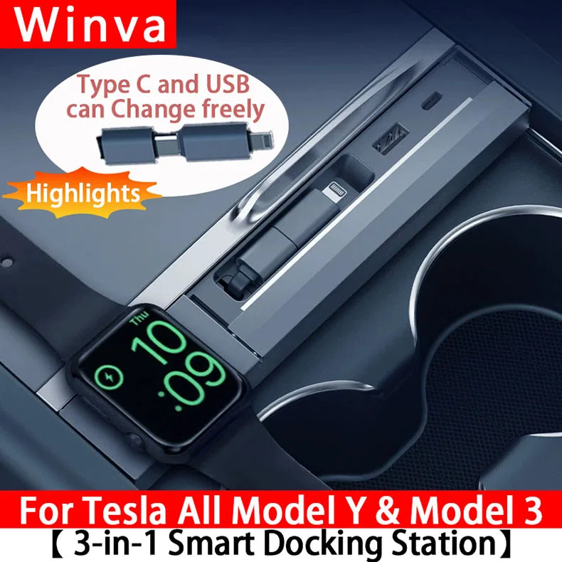 For New Tesla Model Y/3 USB Hub 27W 3 in 1 Docking Station with retractable cabl