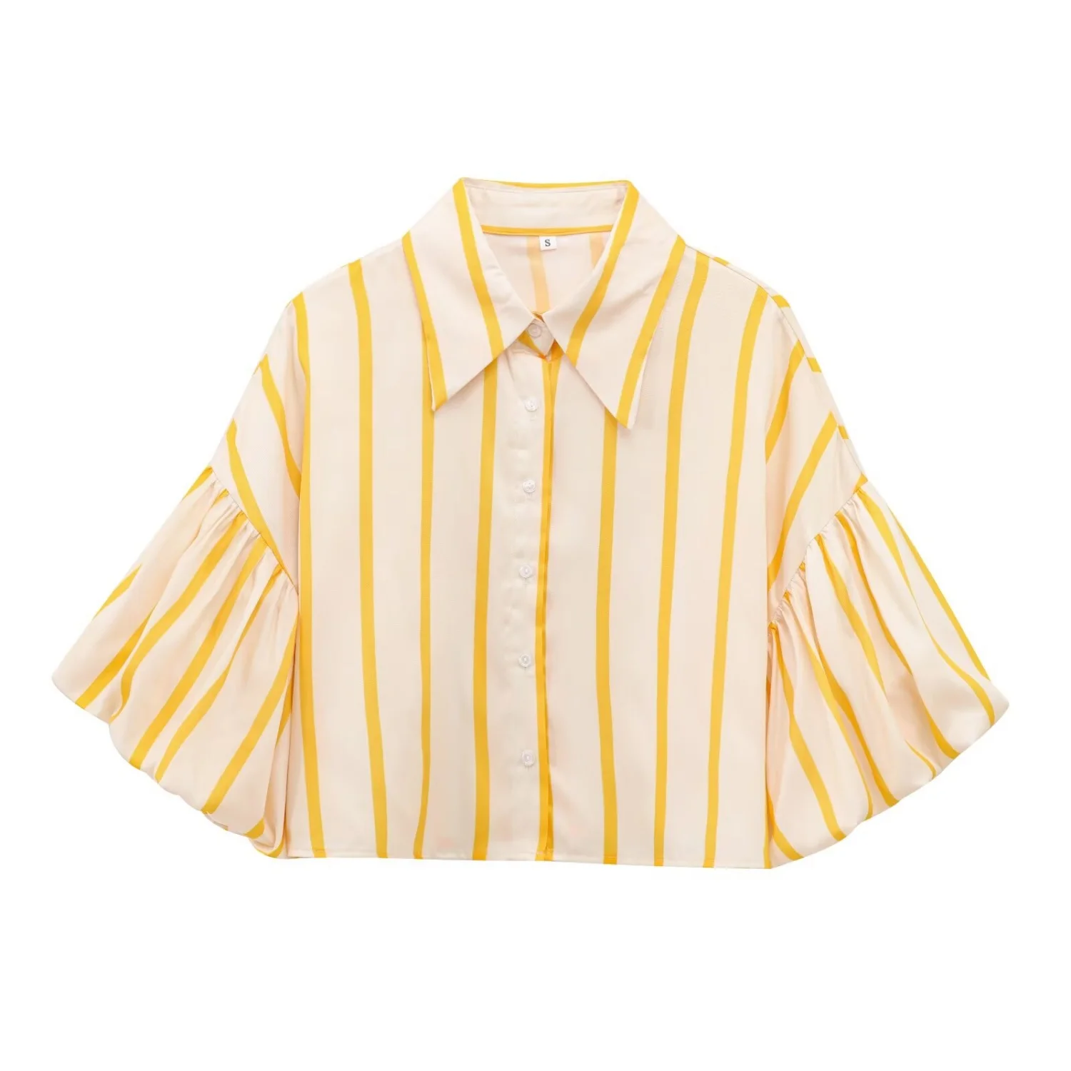 Women Striped Shirts Female Loose-Fit Bubble Sleeve Printed Shirts Lady High Street Casual Youthful Energetic Short Sleeved Top